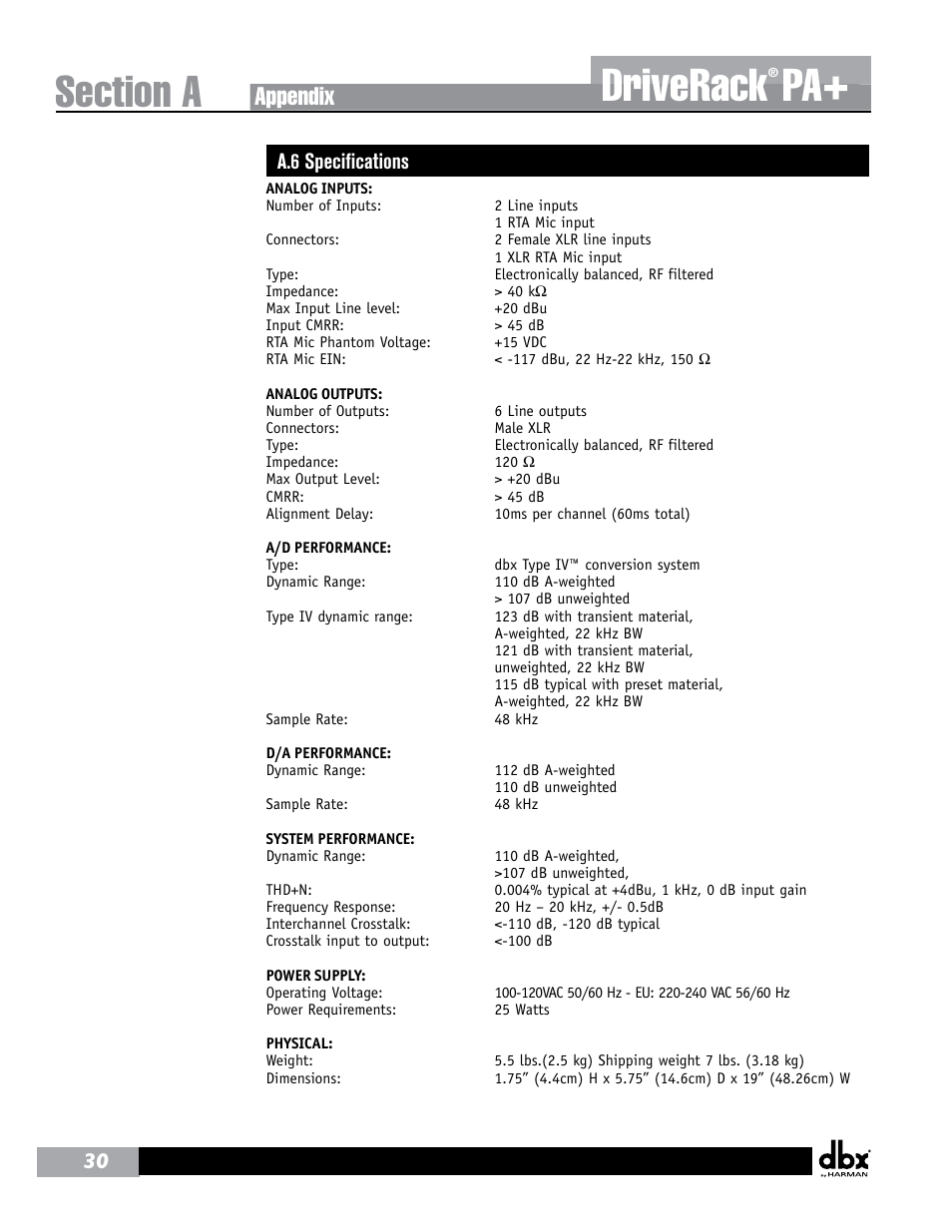 Driverack, Appendix, A.6 specifications | dbx DriveRack PA+ User Manual | Page 34 / 40
