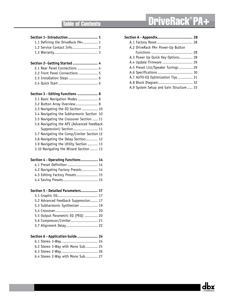 dbx DriveRack PA+ User Manual | Page 4 / 40
