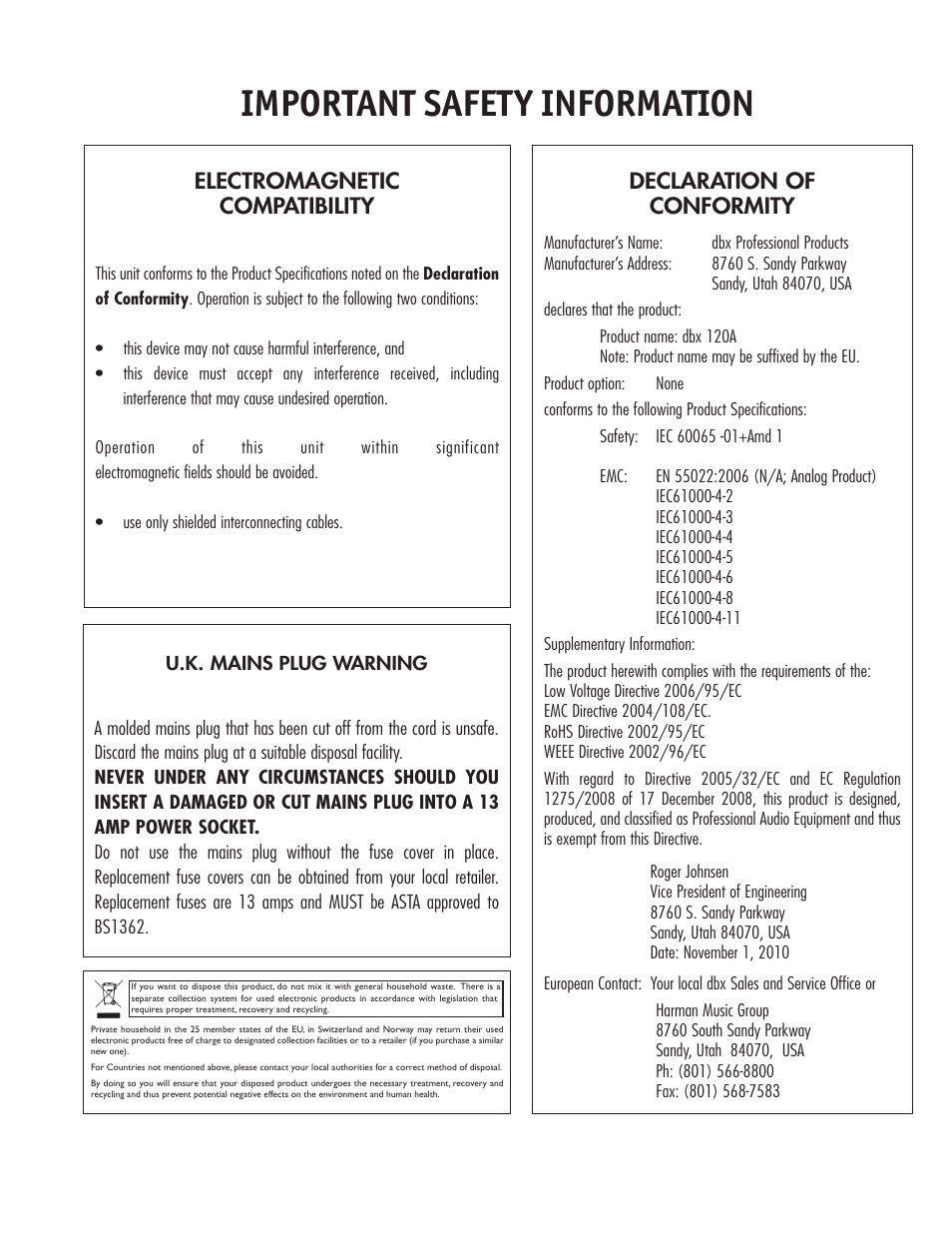 Important safety information, Declaration of conformity, Electromagnetic compatibility | dbx 120A User Manual | Page 3 / 16