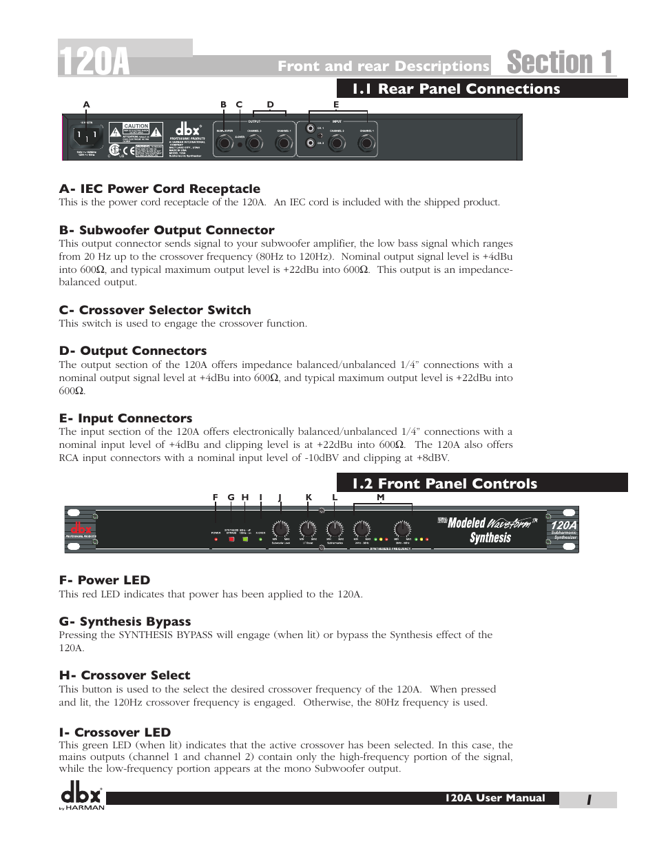 120a, Front and rear descriptions 1, 1 rear panel connections | Ols 1.2 front panel controls | dbx 120A User Manual | Page 9 / 16