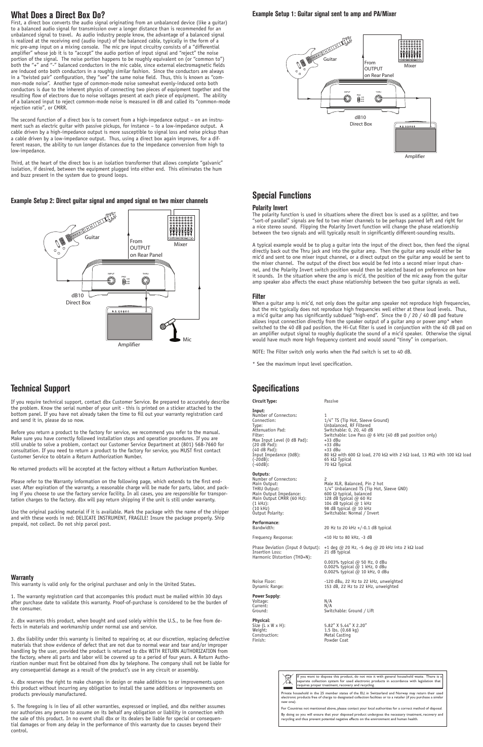Technical support, What does a direct box do, Special functions | Specifications | dbx db10 User Manual | Page 2 / 2