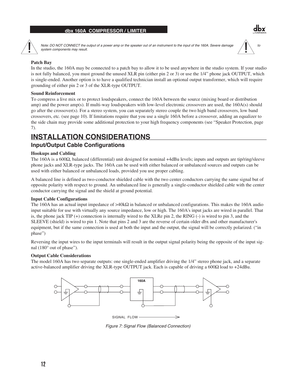 Installation considerations, Input/output cable configurations | dbx 160A User Manual | Page 16 / 20