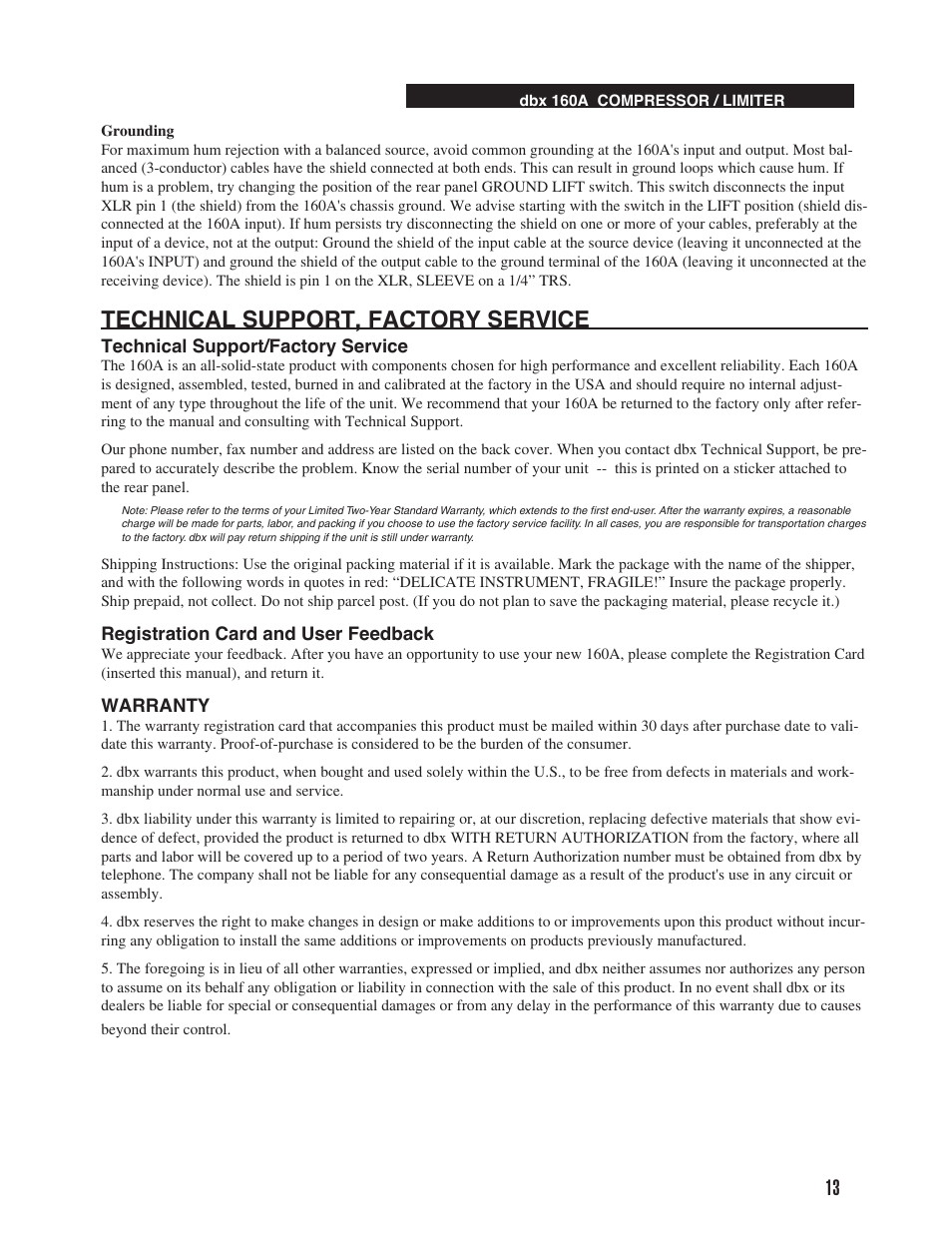 Technical support, factory service | dbx 160A User Manual | Page 17 / 20