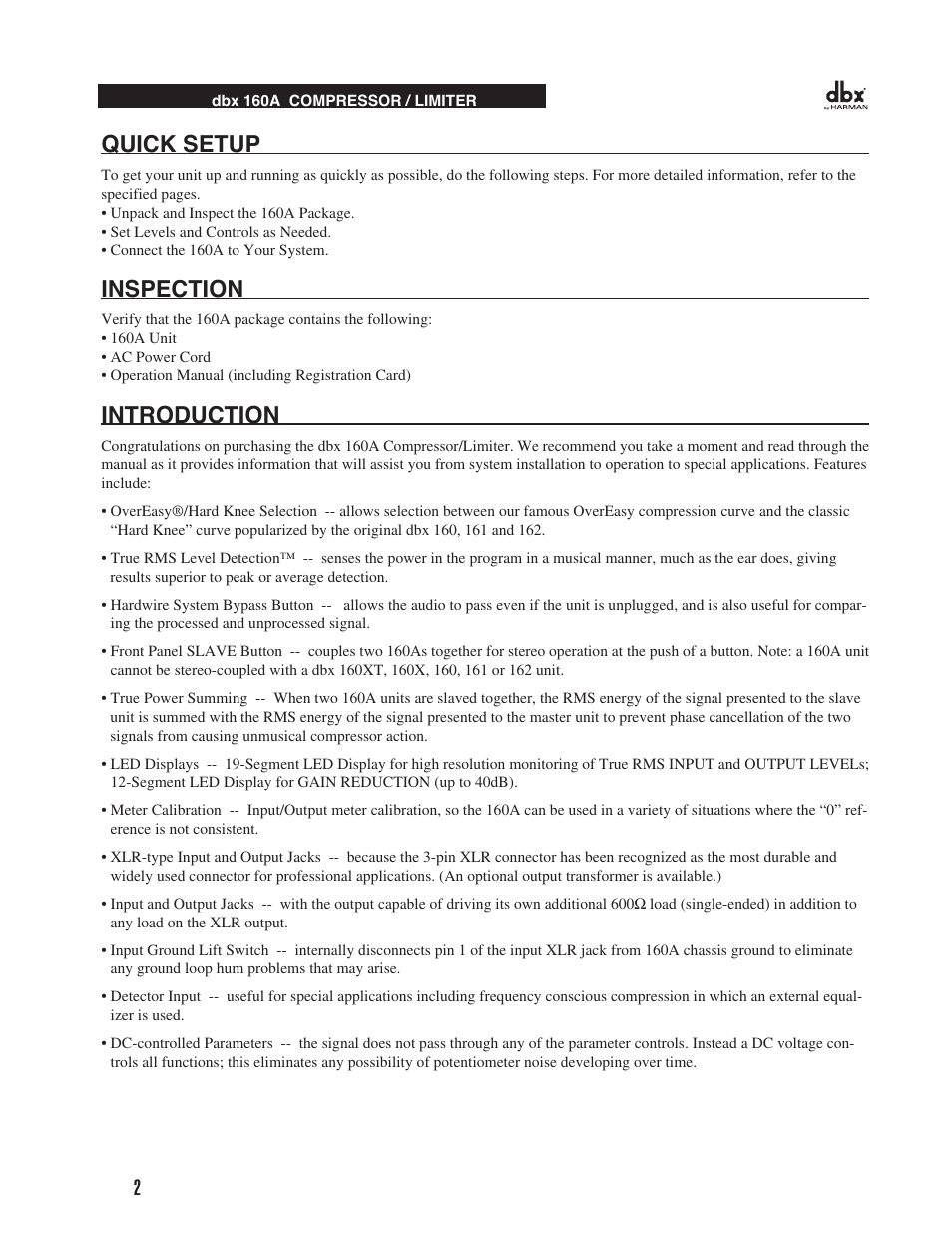 Quick setup, Inspection, Introduction | dbx 160A User Manual | Page 6 / 20