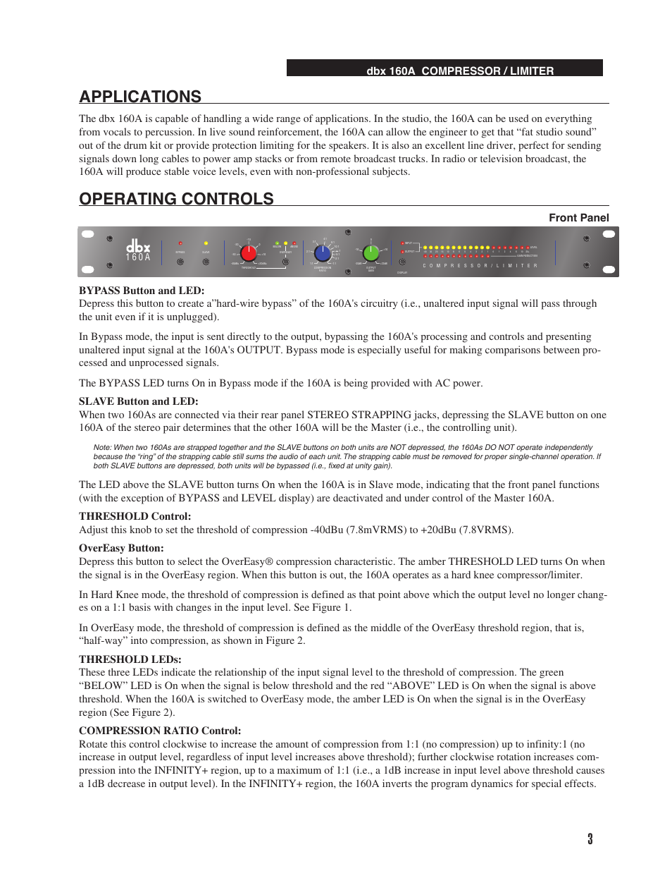 Applications, Operating controls, Dbx 160a compressor / limiter | 1 6 0 a | dbx 160A User Manual | Page 7 / 20