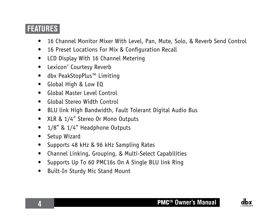 Features, 4features | dbx PMC16 User Manual | Page 10 / 64