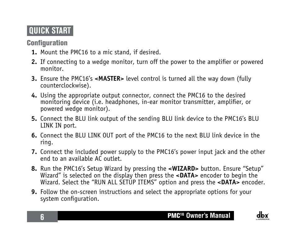 Quick start, 6quick start | dbx PMC16 User Manual | Page 12 / 64