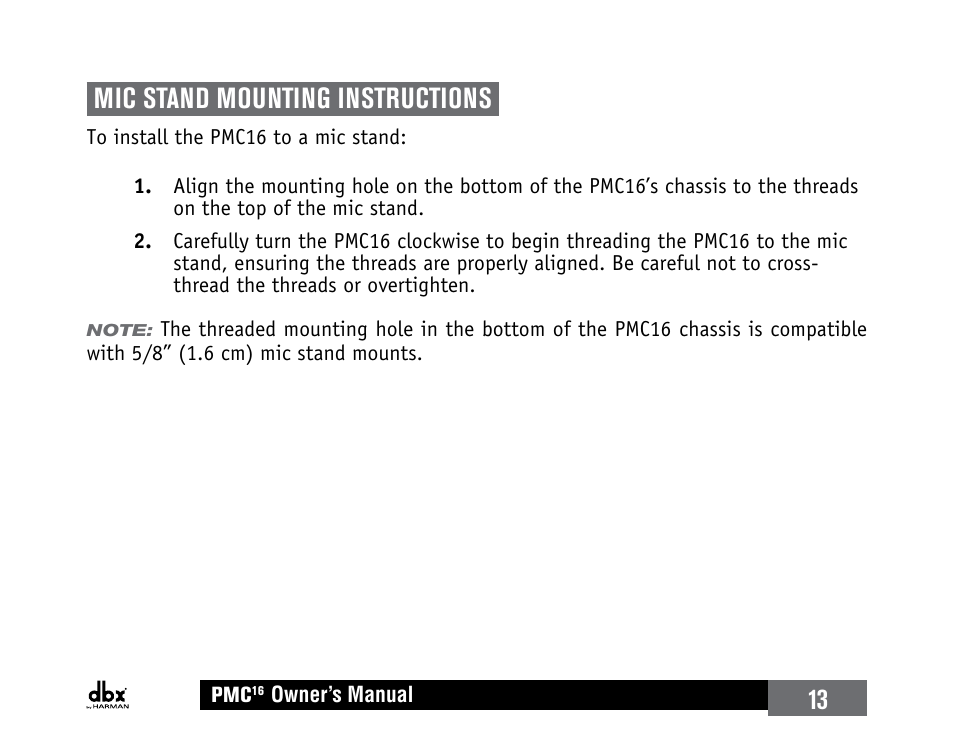 Mic stand mounting instructions, 13 mic stand mounting instructions | dbx PMC16 User Manual | Page 19 / 64