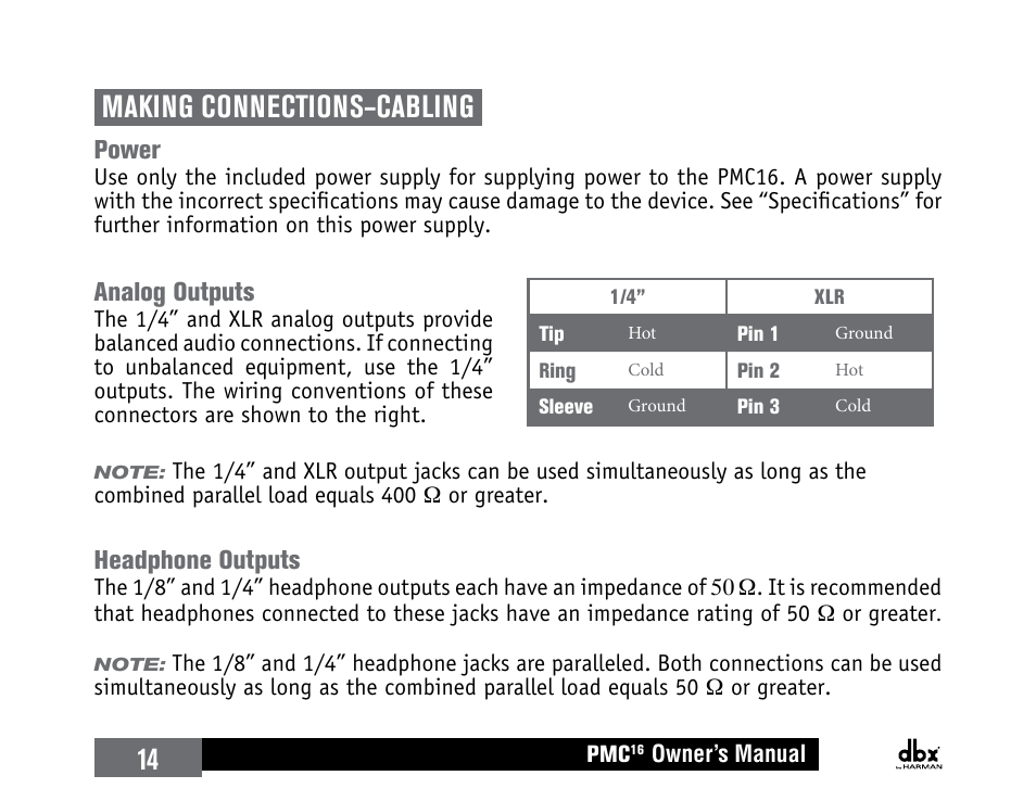 Making connections–cabling, Power, Analog outputs | Headphone outputs, 14 making connections–cabling | dbx PMC16 User Manual | Page 20 / 64