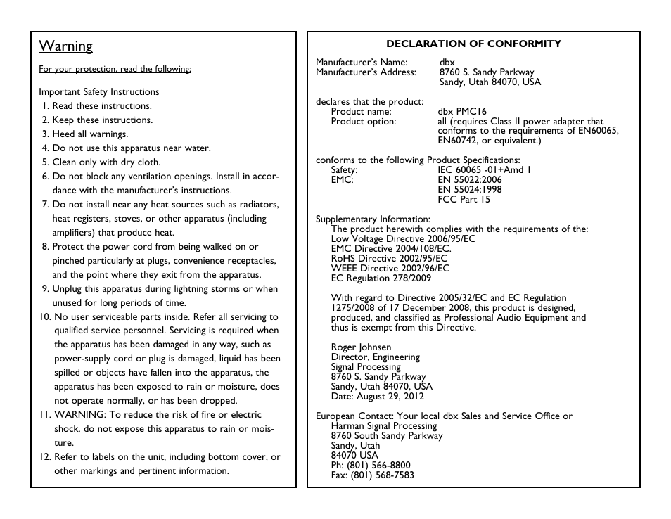 Warning | dbx PMC16 User Manual | Page 3 / 64