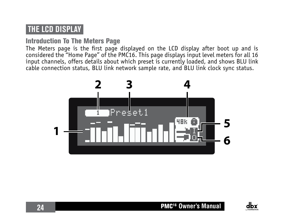 The lcd display, Preset1 | dbx PMC16 User Manual | Page 30 / 64