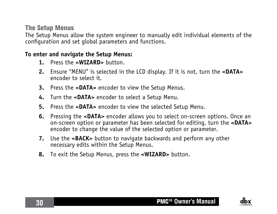 The setup menus | dbx PMC16 User Manual | Page 36 / 64