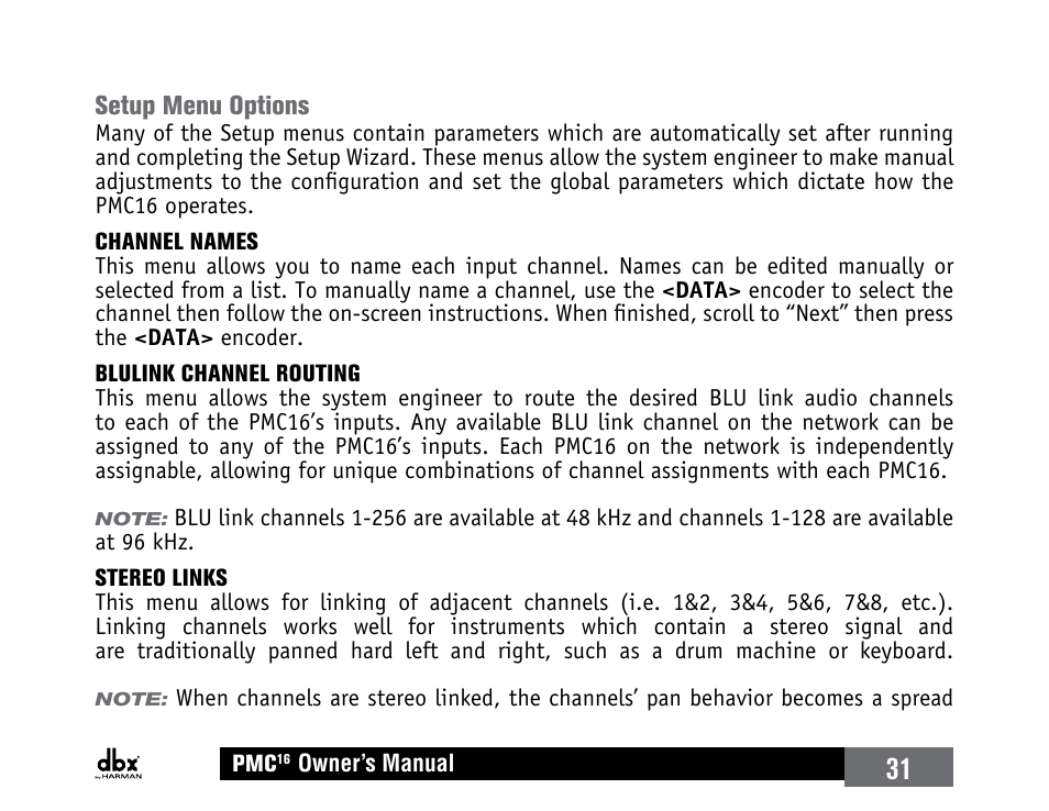 Setup menu options | dbx PMC16 User Manual | Page 37 / 64