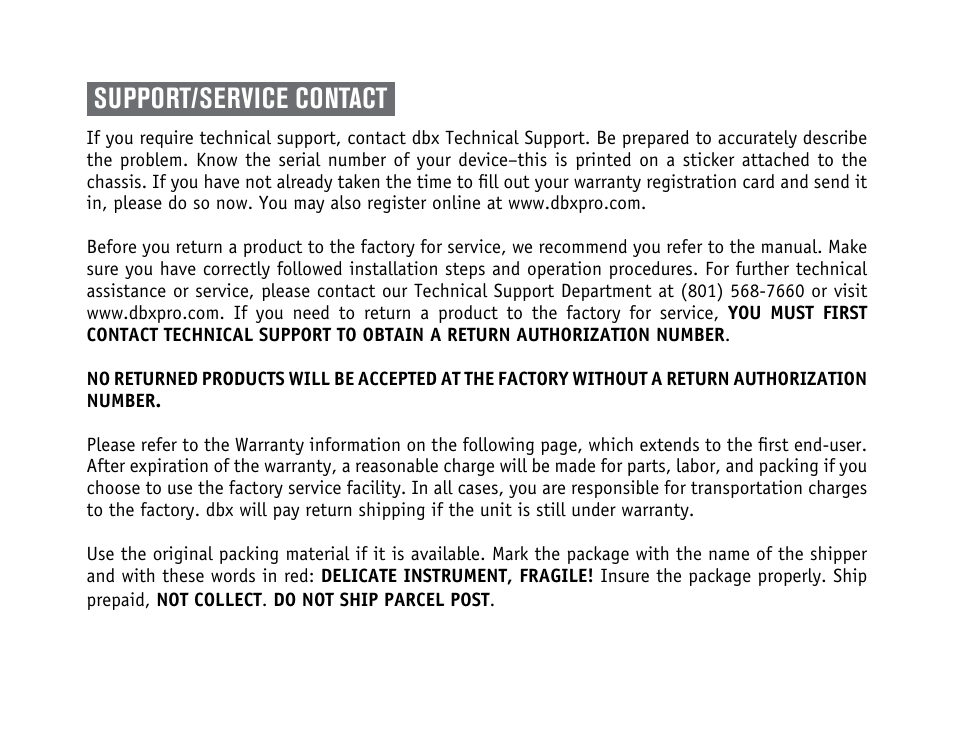 Support/service contact | dbx PMC16 User Manual | Page 4 / 64