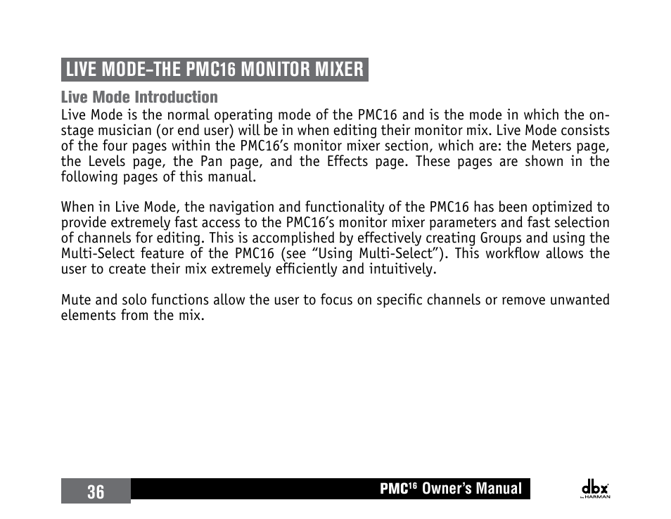 Live mode–the pmc16 monitor mixer, Live mode introduction, 36 live mode–the pmc16 monitor mixer | dbx PMC16 User Manual | Page 42 / 64