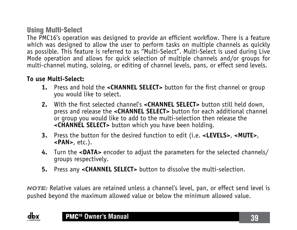 Using multi-select | dbx PMC16 User Manual | Page 45 / 64