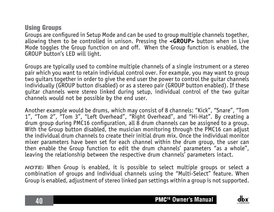 Using groups | dbx PMC16 User Manual | Page 46 / 64