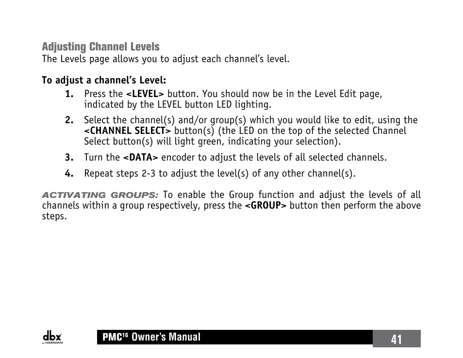 Adjusting channel levels | dbx PMC16 User Manual | Page 47 / 64