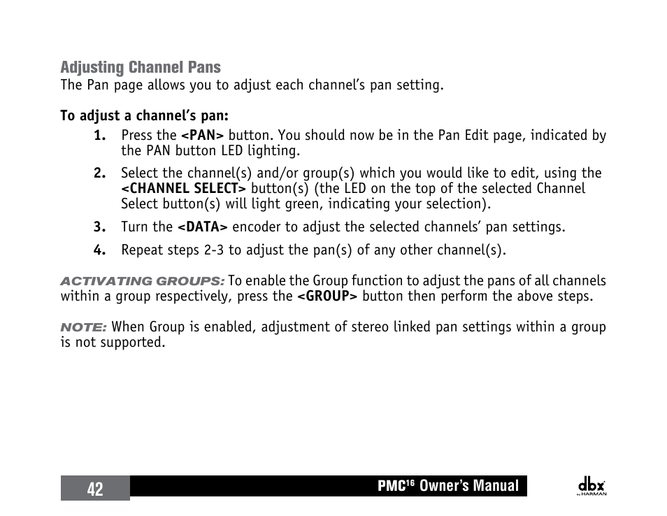 Adjusting channel pans | dbx PMC16 User Manual | Page 48 / 64