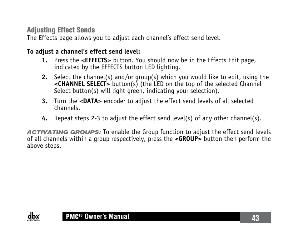 Adjusting effect sends | dbx PMC16 User Manual | Page 49 / 64