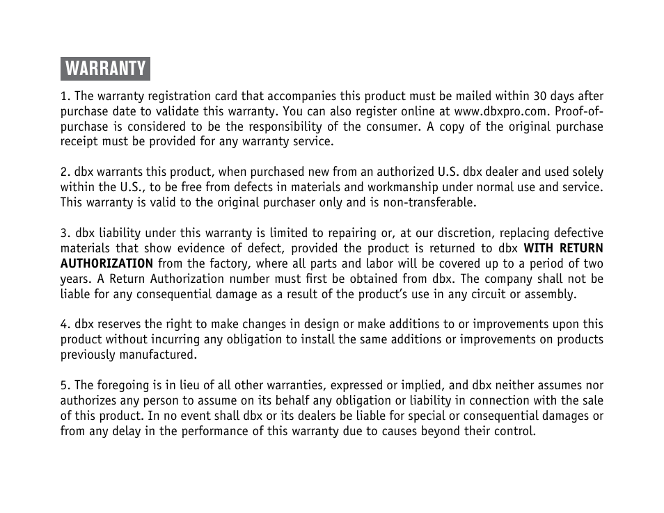 Warranty | dbx PMC16 User Manual | Page 5 / 64