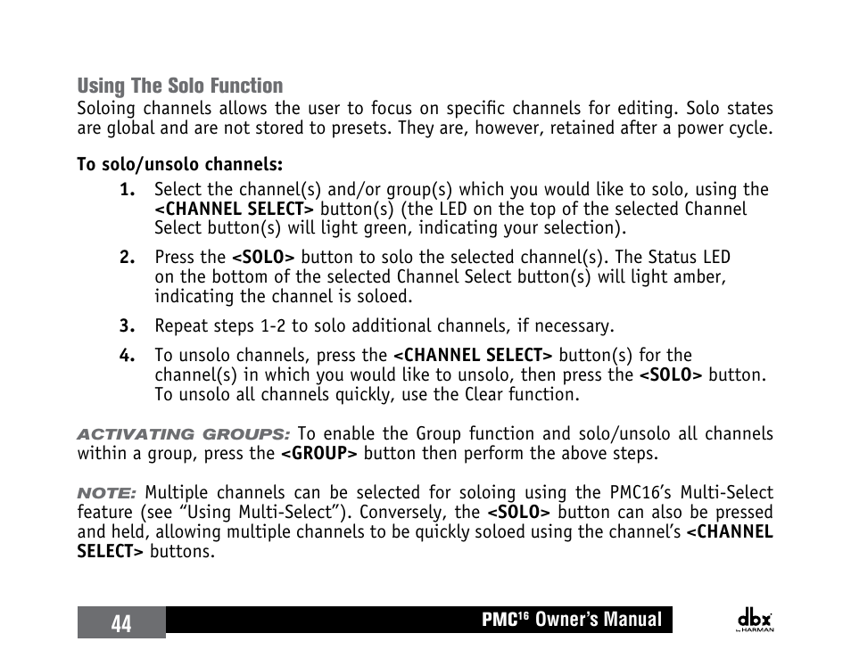 Using the solo function | dbx PMC16 User Manual | Page 50 / 64