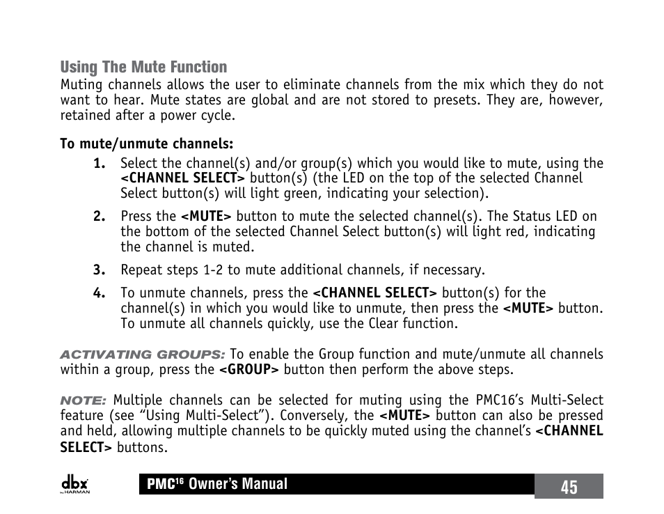 Using the mute function | dbx PMC16 User Manual | Page 51 / 64