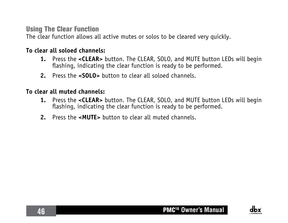 Using the clear function | dbx PMC16 User Manual | Page 52 / 64