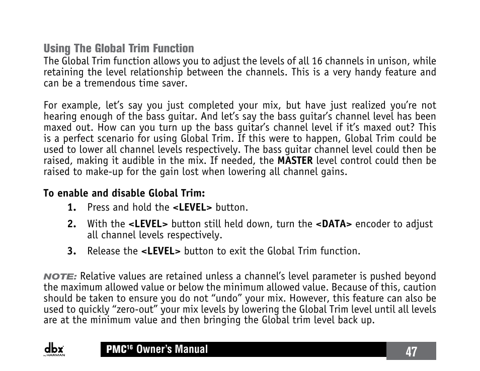 Using the global trim function | dbx PMC16 User Manual | Page 53 / 64