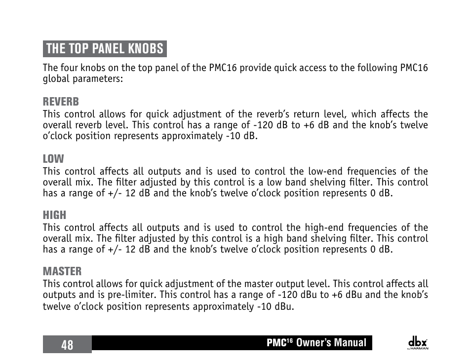 The top panel knobs, Reverb, High | Master, 48 the top panel knobs | dbx PMC16 User Manual | Page 54 / 64