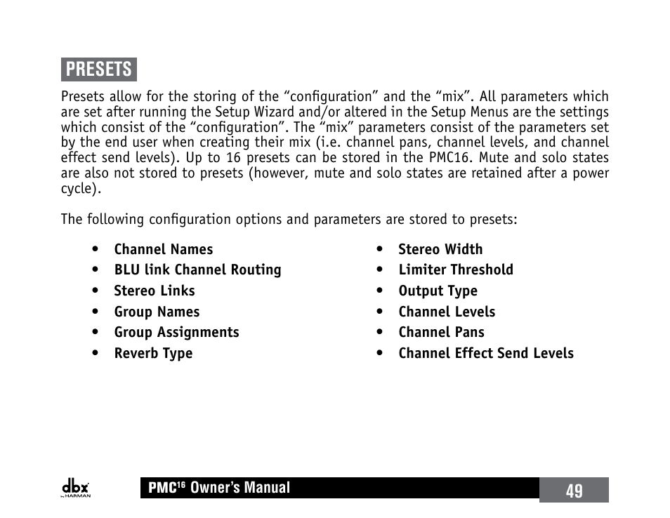 Presets, 49 presets | dbx PMC16 User Manual | Page 55 / 64