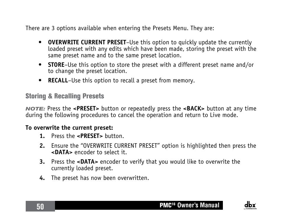 Storing & recalling presets | dbx PMC16 User Manual | Page 56 / 64