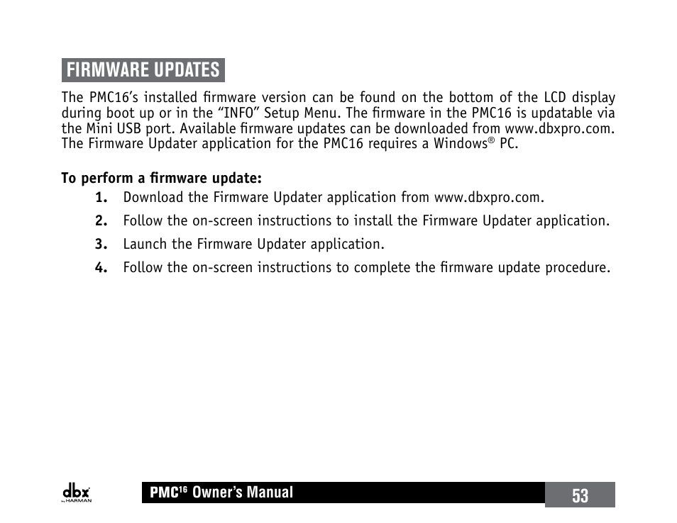 Firmware updates, 53 firmware updates | dbx PMC16 User Manual | Page 59 / 64