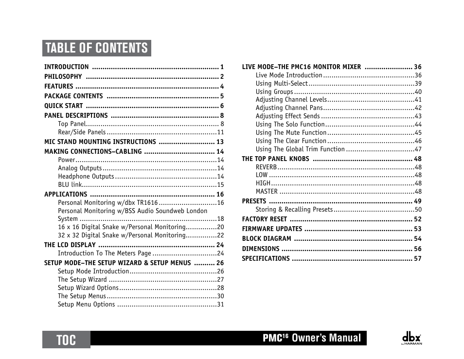 Toc table of contents, Owner’s manual | dbx PMC16 User Manual | Page 6 / 64