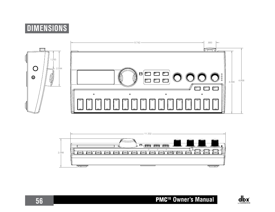 Dimensions, 56 dimensions, Owner’s manual | dbx PMC16 User Manual | Page 62 / 64