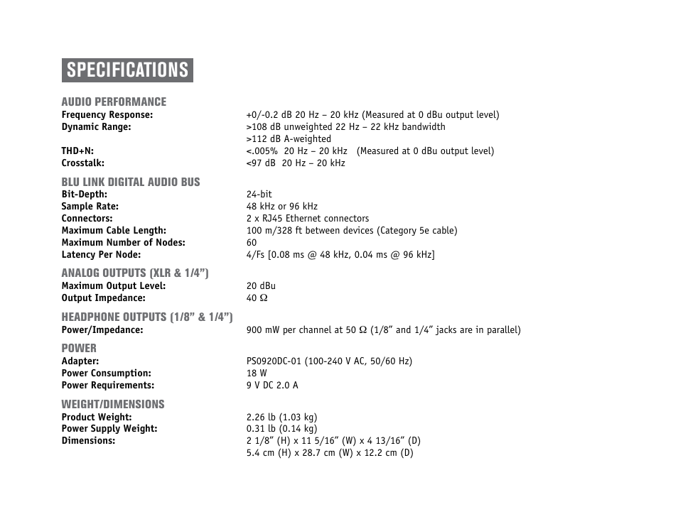 Specifications | dbx PMC16 User Manual | Page 63 / 64