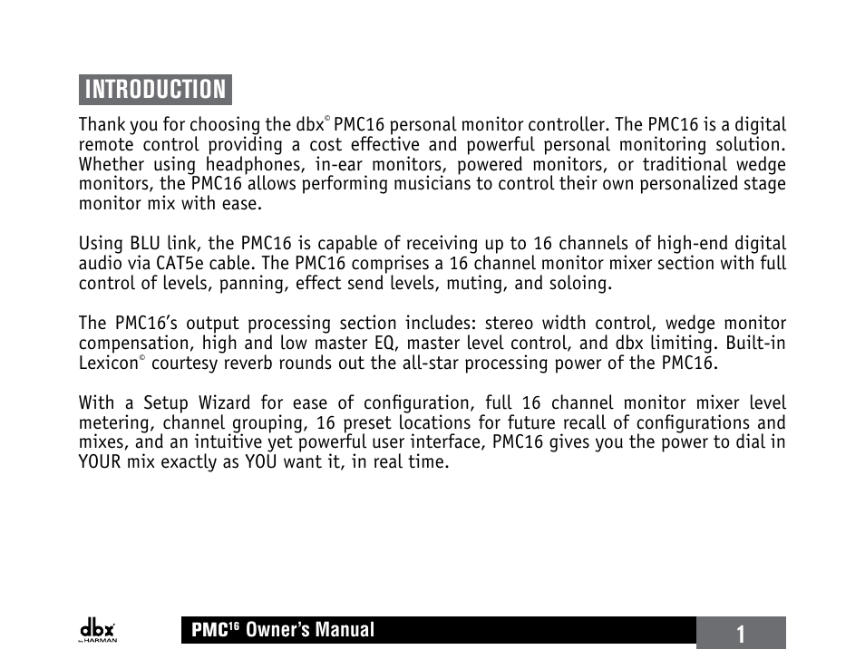 Introduction, 1introduction | dbx PMC16 User Manual | Page 7 / 64