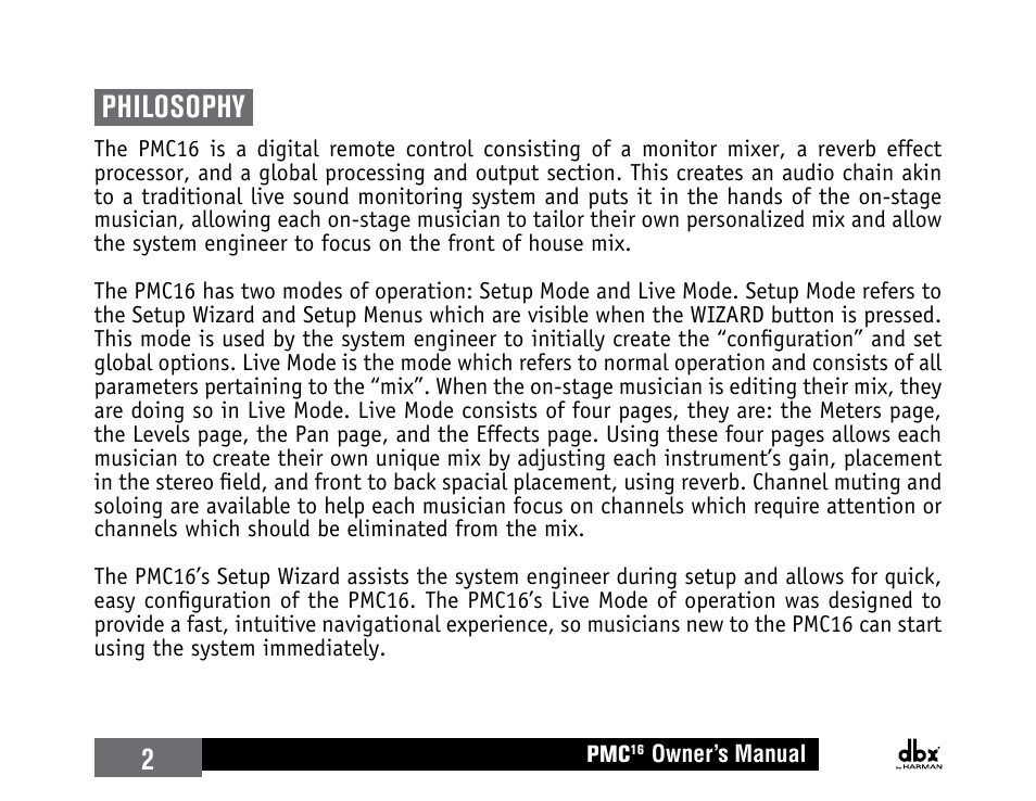 Philosophy, 2philosophy | dbx PMC16 User Manual | Page 8 / 64