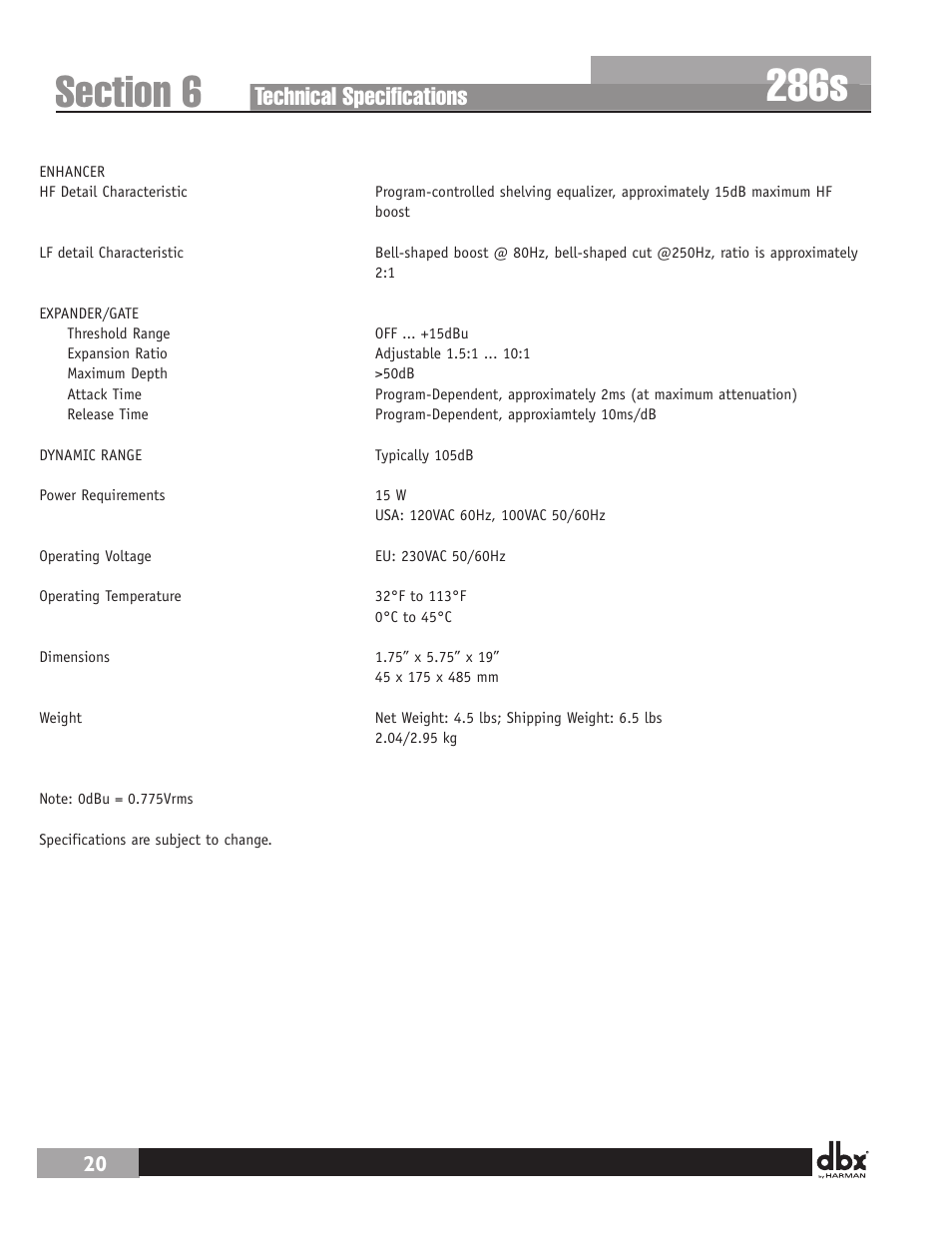 286s, Technical specifications | dbx 286s User Manual | Page 24 / 28