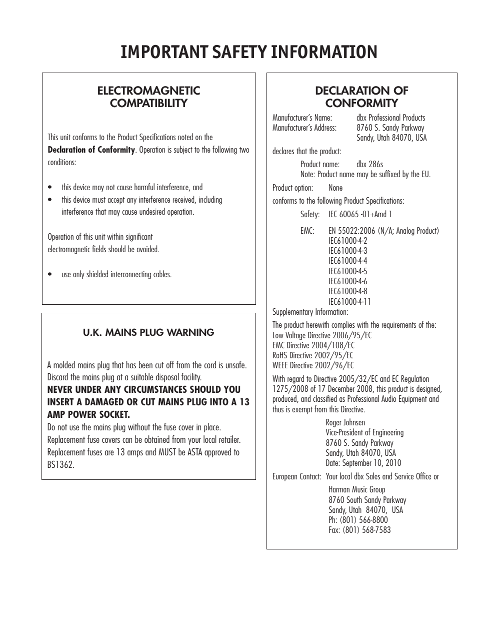 Important safety information | dbx 286s User Manual | Page 3 / 28