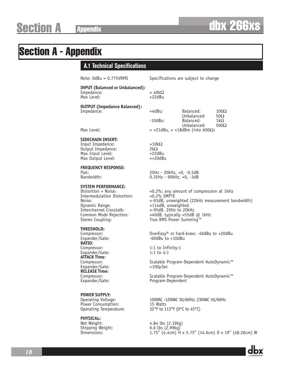 Dbx 266xs, Appendix, A.1 technical specifications | dbx 266xs User Manual | Page 14 / 16