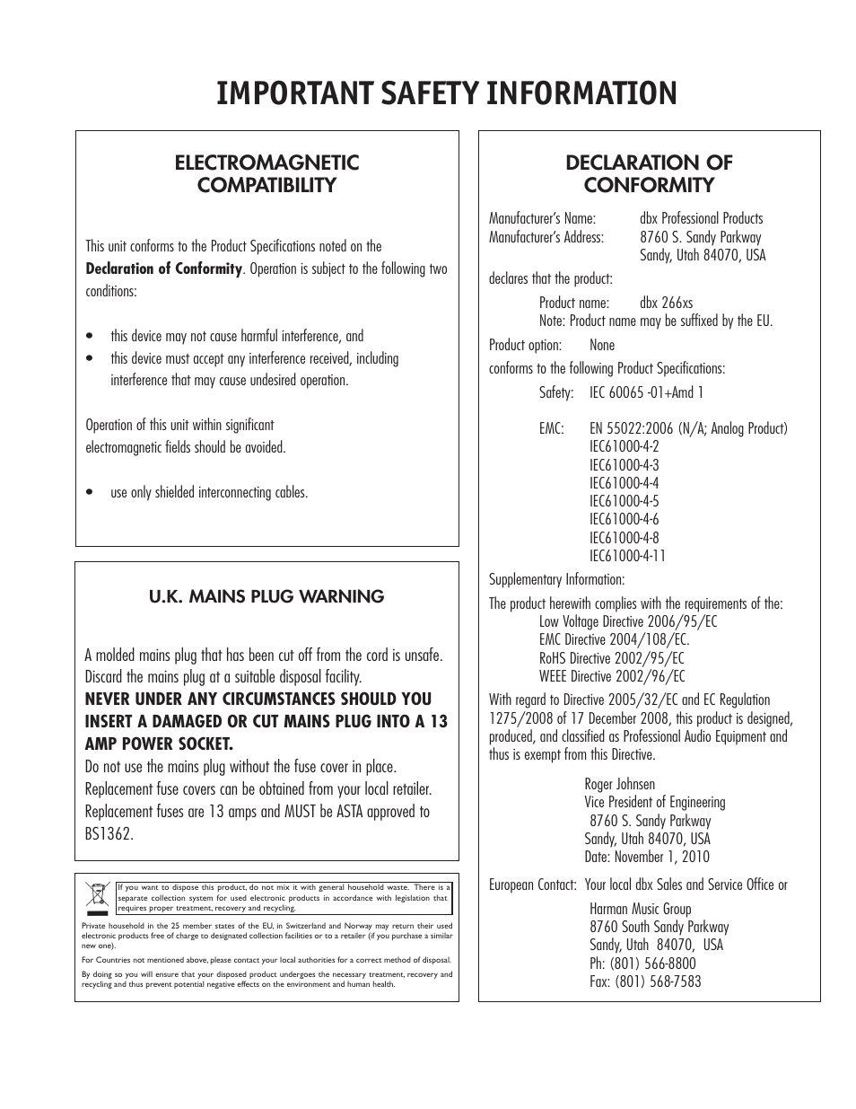 Important safety information, Declaration of conformity, Electromagnetic compatibility | dbx 266xs User Manual | Page 3 / 16