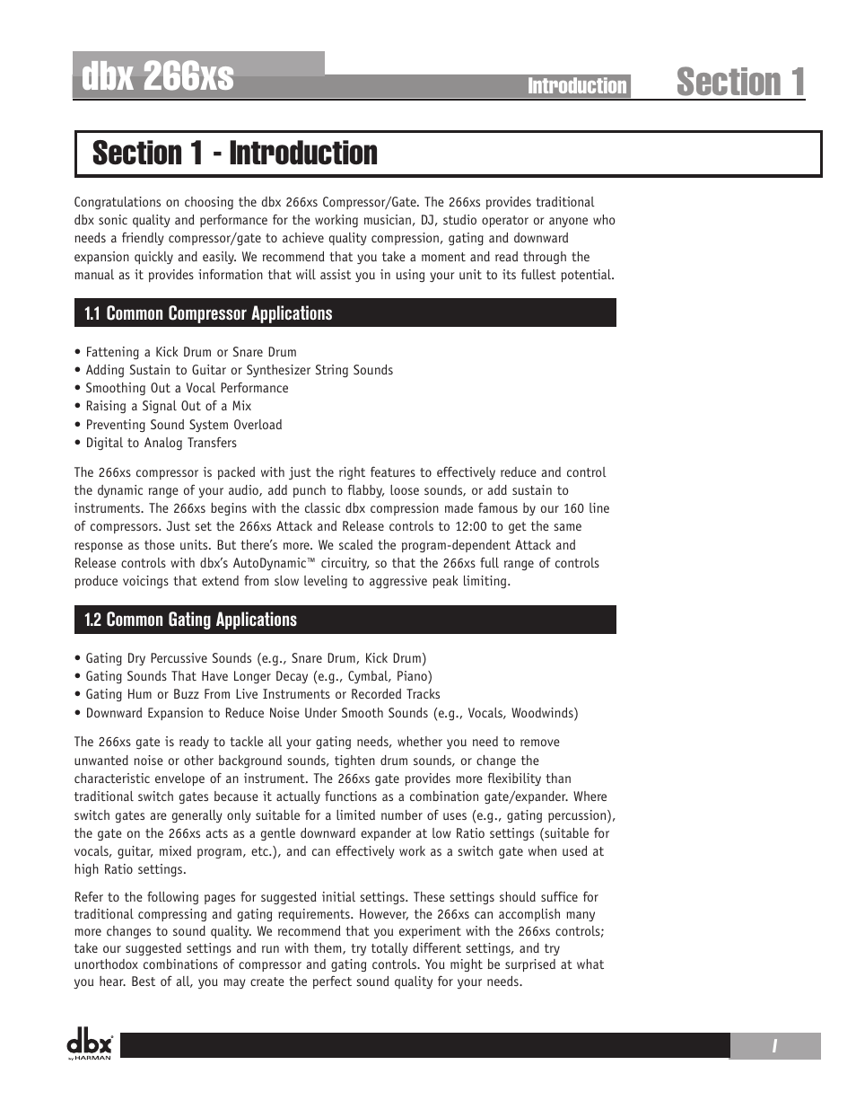 Dbx 266xs, Introduction | dbx 266xs User Manual | Page 5 / 16