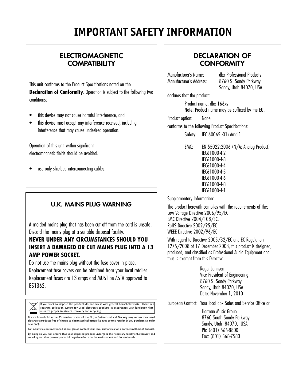 Important safety information, Declaration of conformity, Electromagnetic compatibility | dbx 166xs User Manual | Page 3 / 28