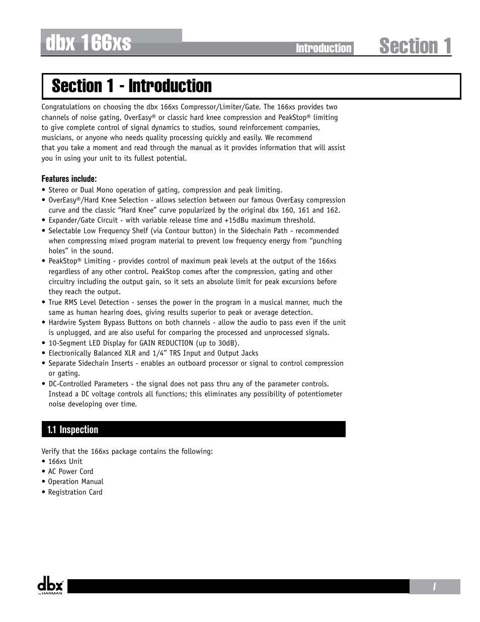 Section 1- introduction, 1 inspection, Dbx 166xs | Introduction | dbx 166xs User Manual | Page 5 / 28