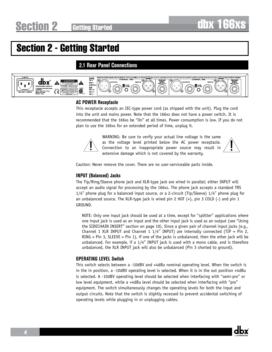Section 2- getting started, 1 rear panel connections, 1 basic connections | 2 specific system connections, Dbx 166xs | dbx 166xs User Manual | Page 8 / 28