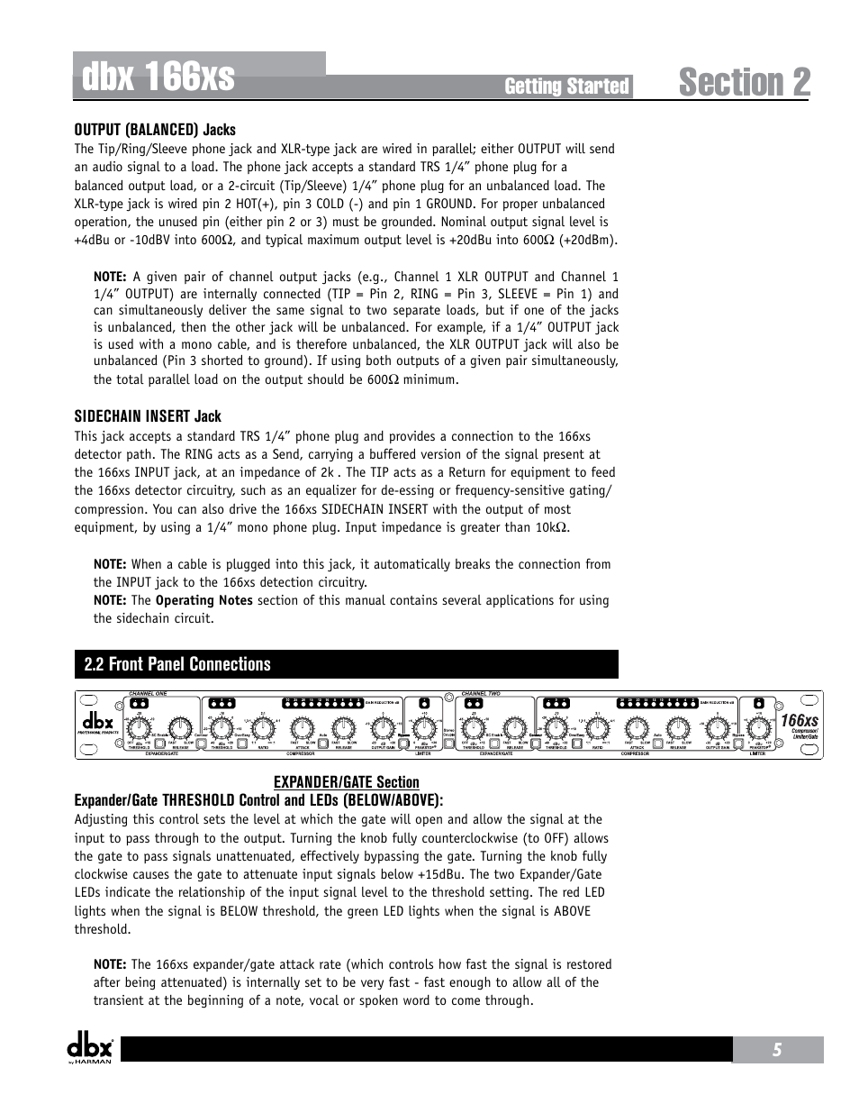 2 front panel connections, Dbx 166xs, Getting started | dbx 166xs User Manual | Page 9 / 28