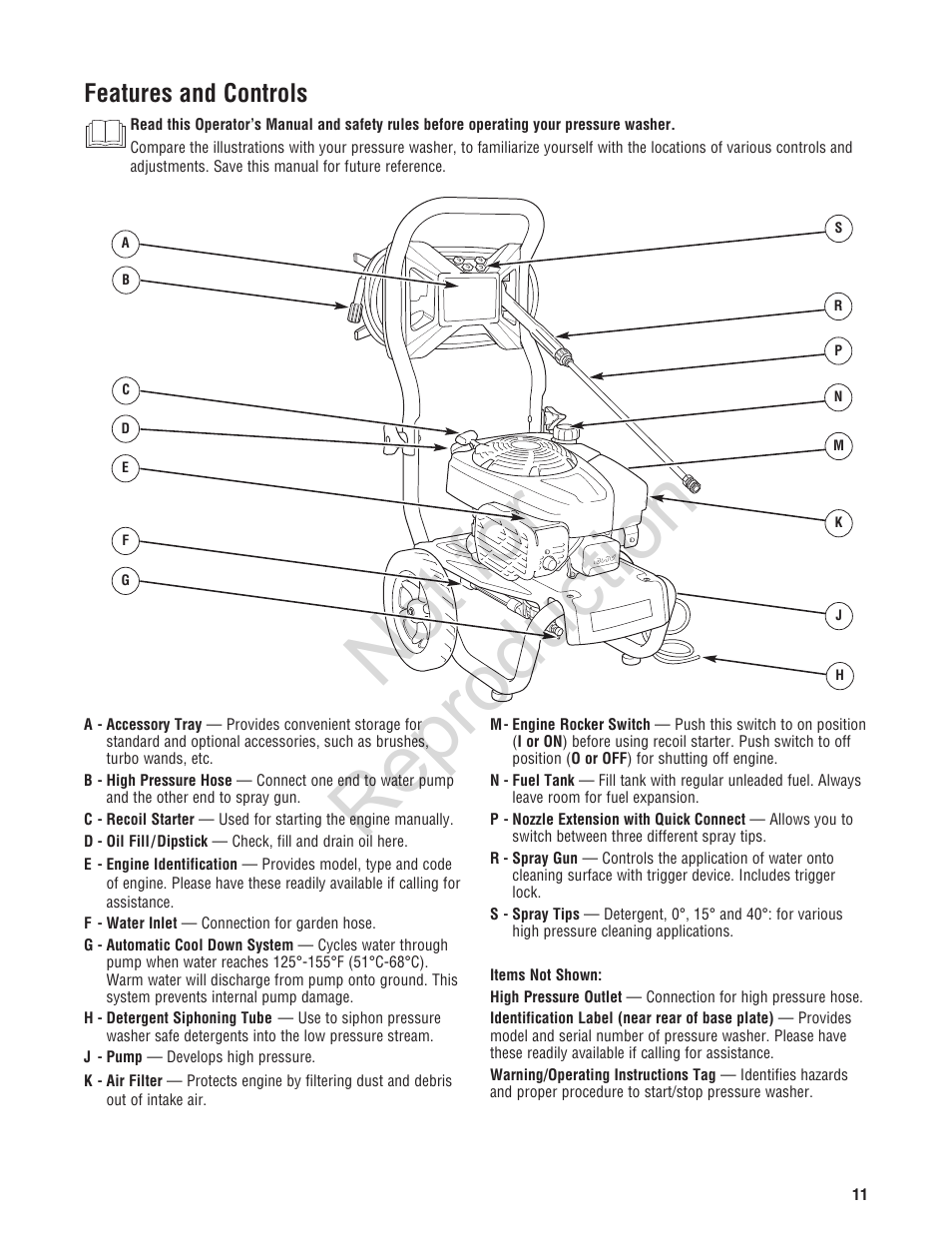 Not for reproduction, Features and controls | Brute 2800 PSI Pressure Washer User Manual | Page 11 / 56