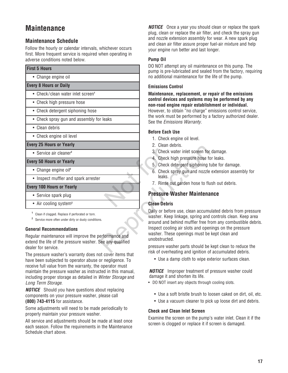 Not for reproduction, Maintenance | Brute 2800 PSI Pressure Washer User Manual | Page 17 / 56