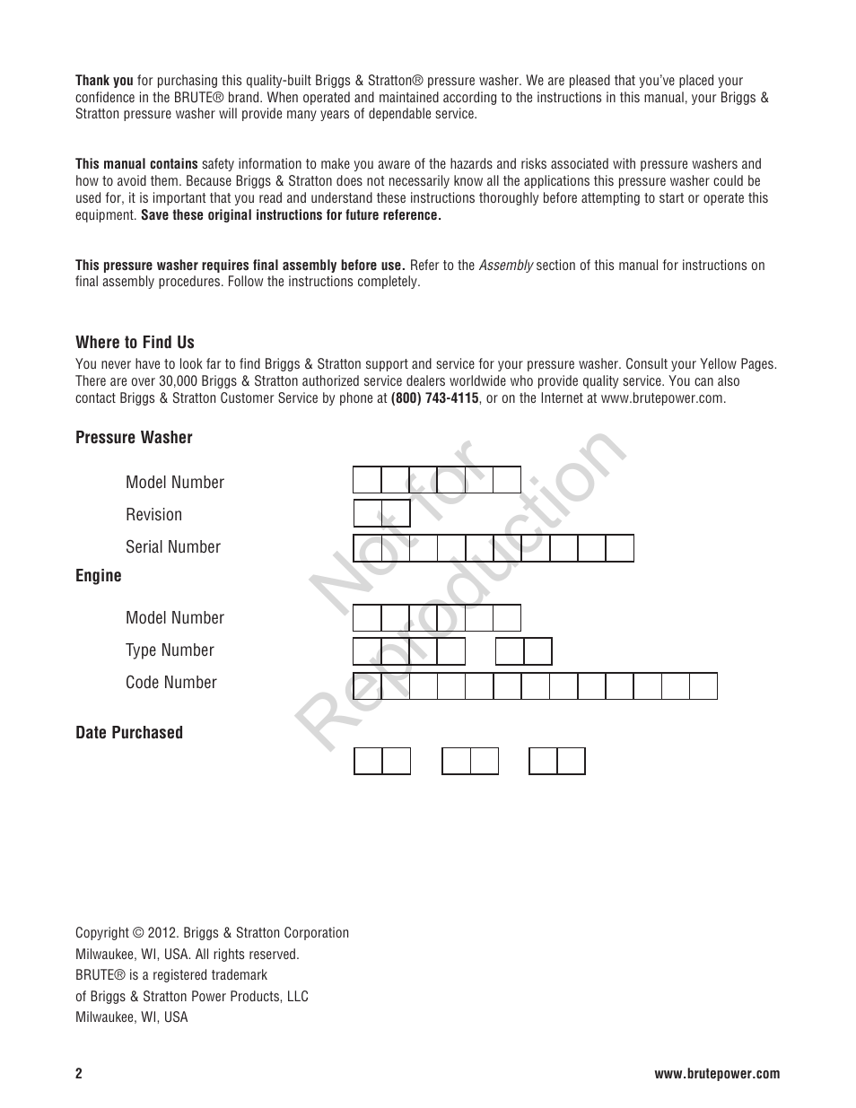 Not for reproduction | Brute 2800 PSI Pressure Washer User Manual | Page 2 / 56